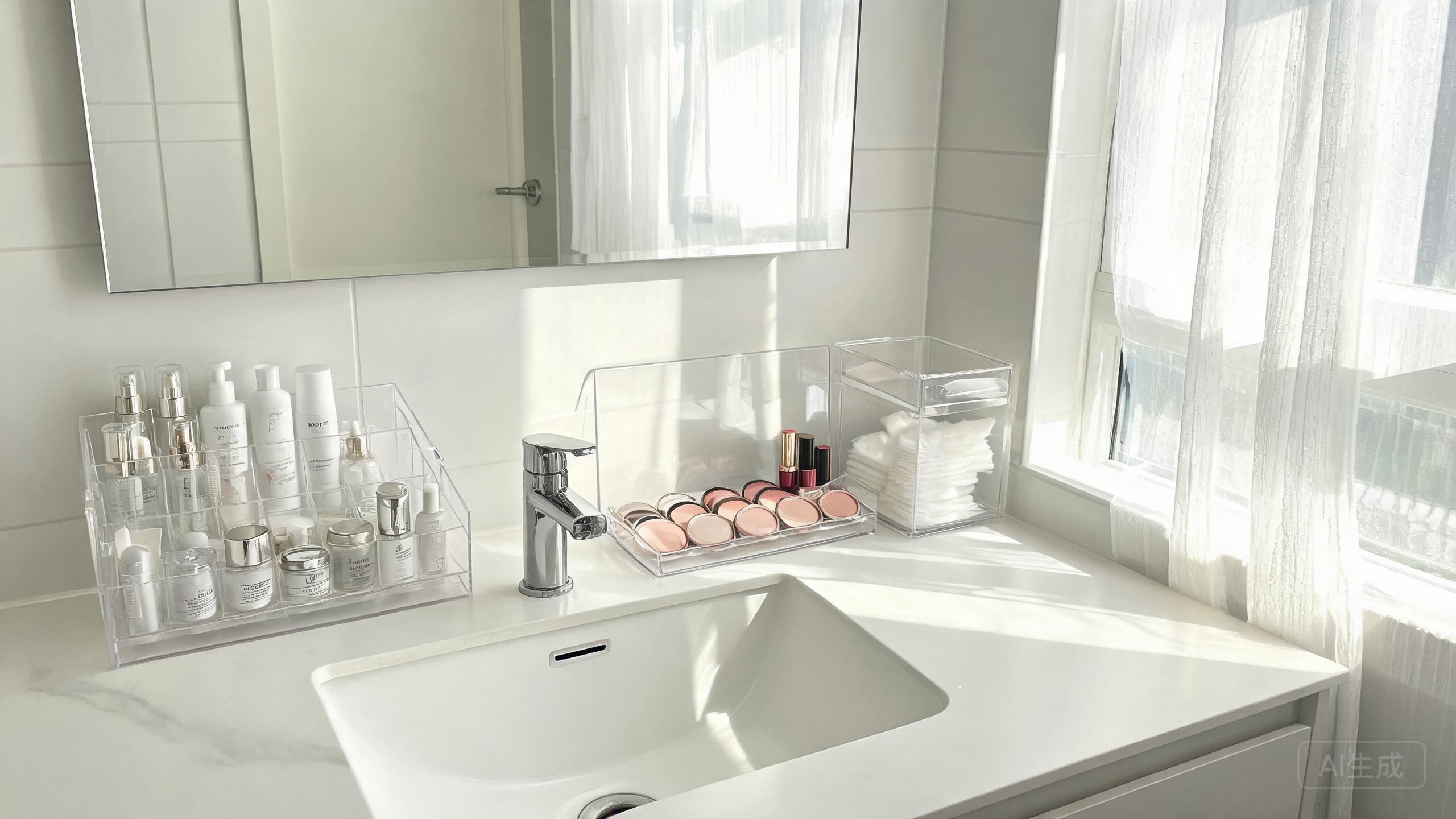 An organized bathroom vanity with acrylic organizers