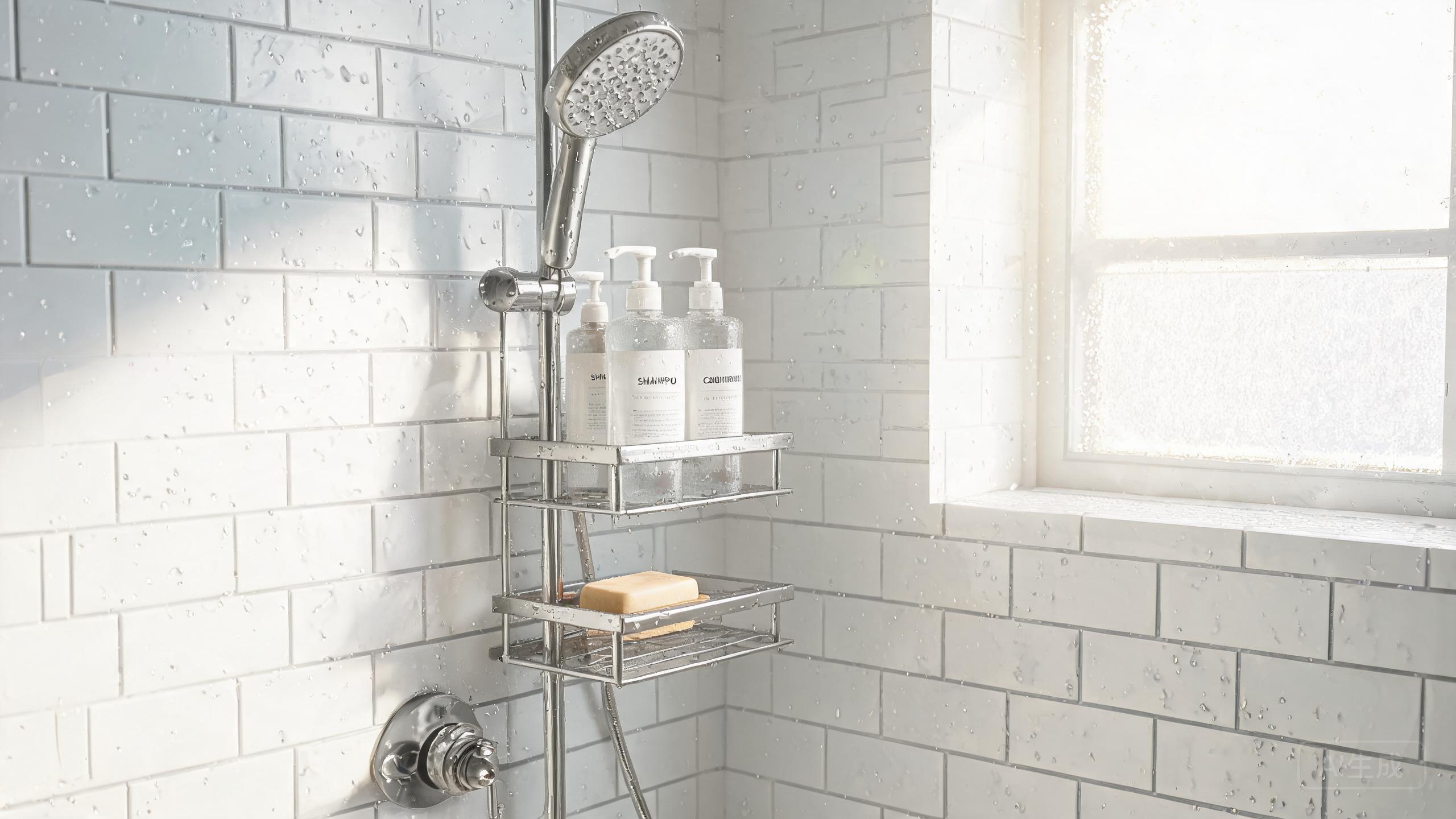 A stainless steel shower caddy holding toiletries in a tiled shower