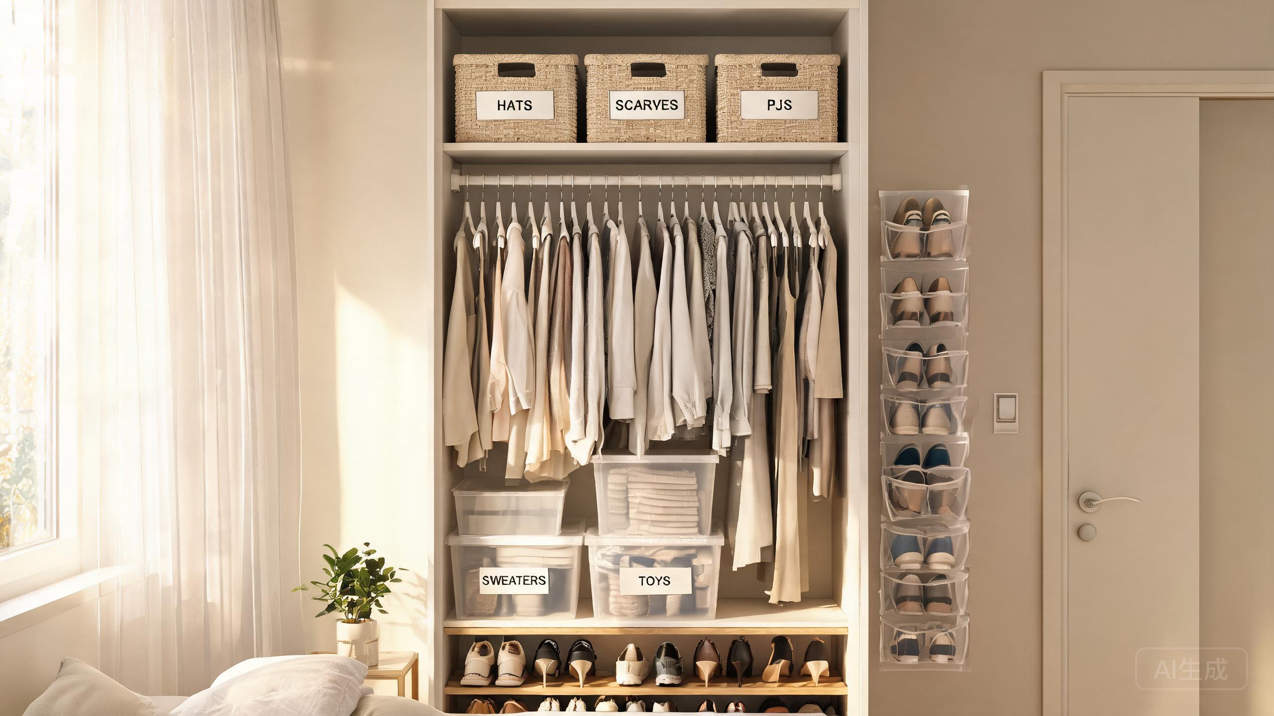 A neatly organized small closet with shelves and storage bins