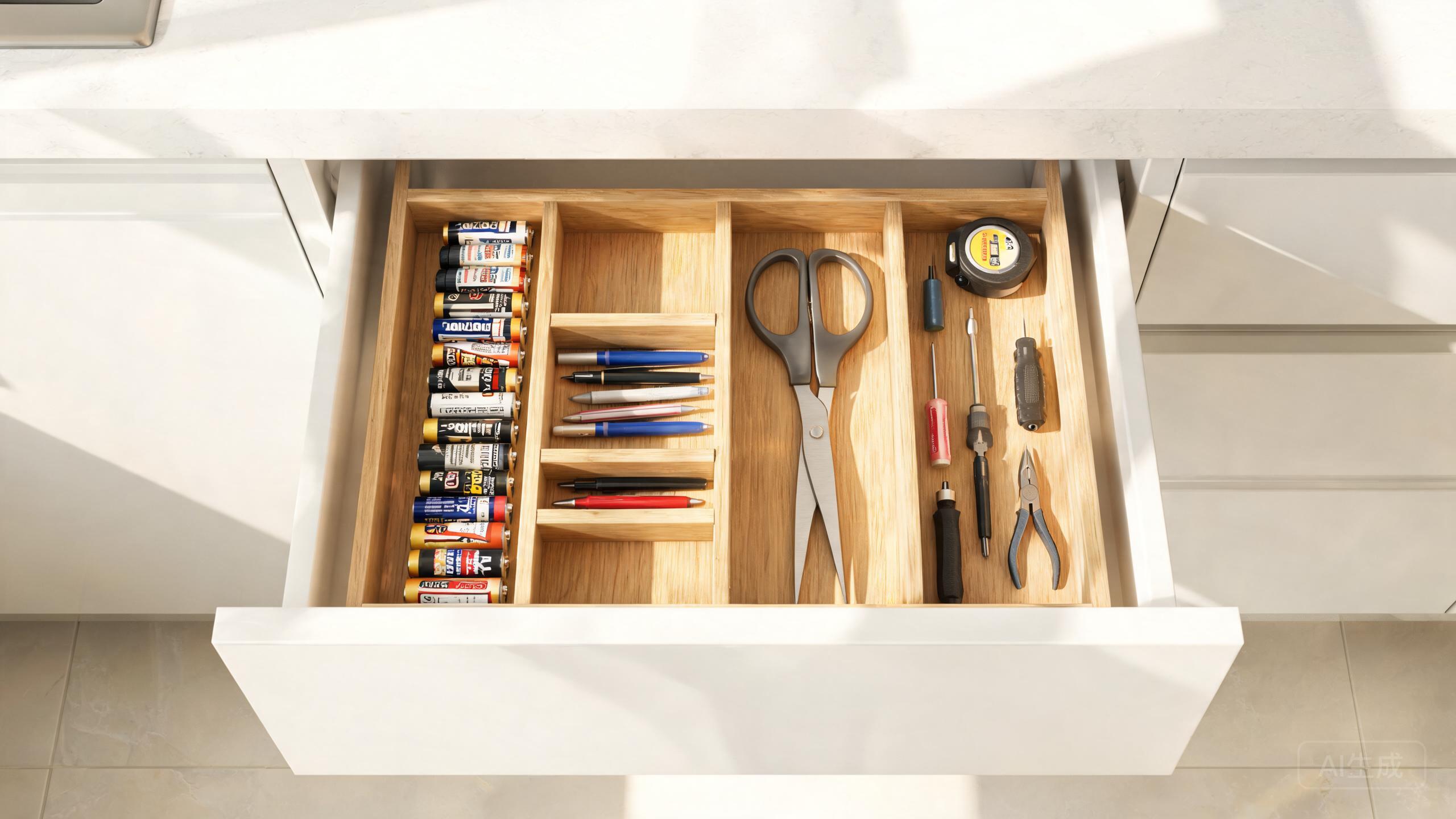 An organized drawer with adjustable dividers holding various items