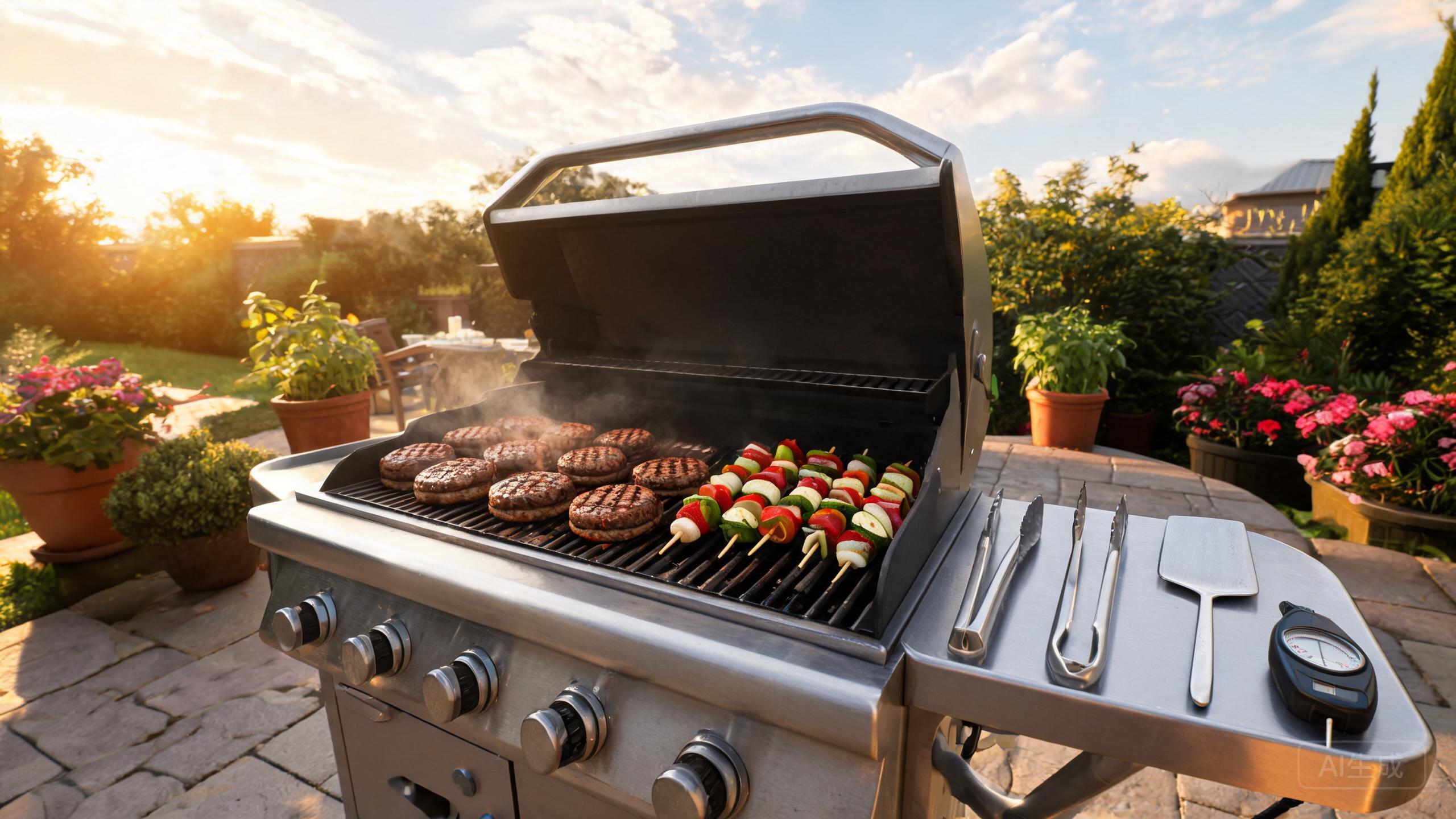 A backyard grill with cooking tools and food on a sunny day